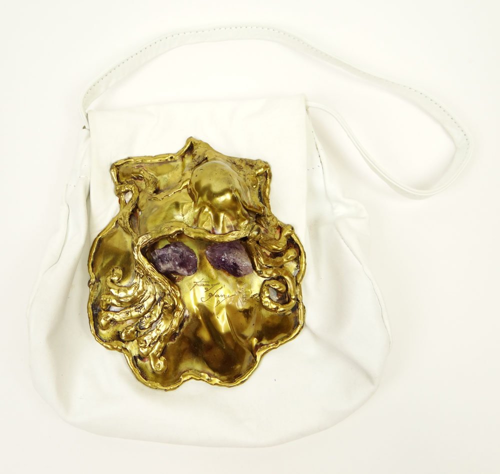 Unusual Lady's Vintage Leather Shoulder Bag with: Unusual Lady's Vintage Leather Shoulder Bag with Handmade Bronze and Amethyst Sculpture Mount. Artist Signed (Illegible). Good Condition. Measures 7-1/2 Inches Tall and 8 Inches Wide. Shipping $28.00