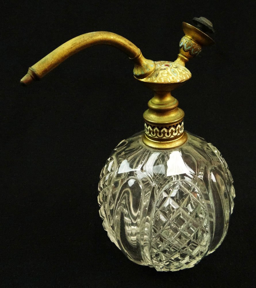 19/20th Century Possibly French Gilt Bronze and: 19/20th Century Possibly French Gilt Bronze and Champlevé Enamel Mounted Pressed Glass Perfume Atomizer. Unsigned. Missing Bulb, Rubbing Otherwise Good Condition. Measures 6-7/8 Inches Tall. Shipping