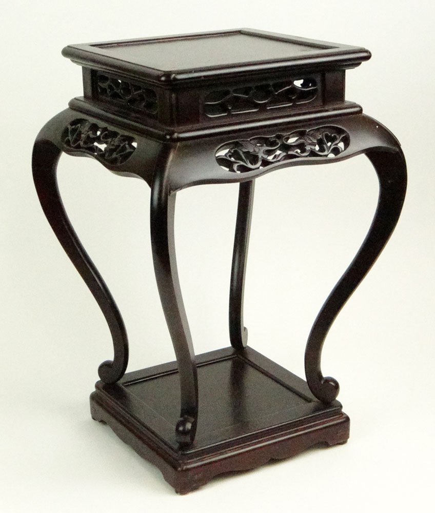 Taiwan Carved Hardwood Urn Stand. Paper Tag to Base: Taiwan Carved Hardwood Urn Stand. Paper Tag to Base Otherwise Unsigned. Rubbing Otherwise Good Condition. Measures 18-1/4 Inches Tall and 12-1/4 Inches Wide. Shipping $84.00