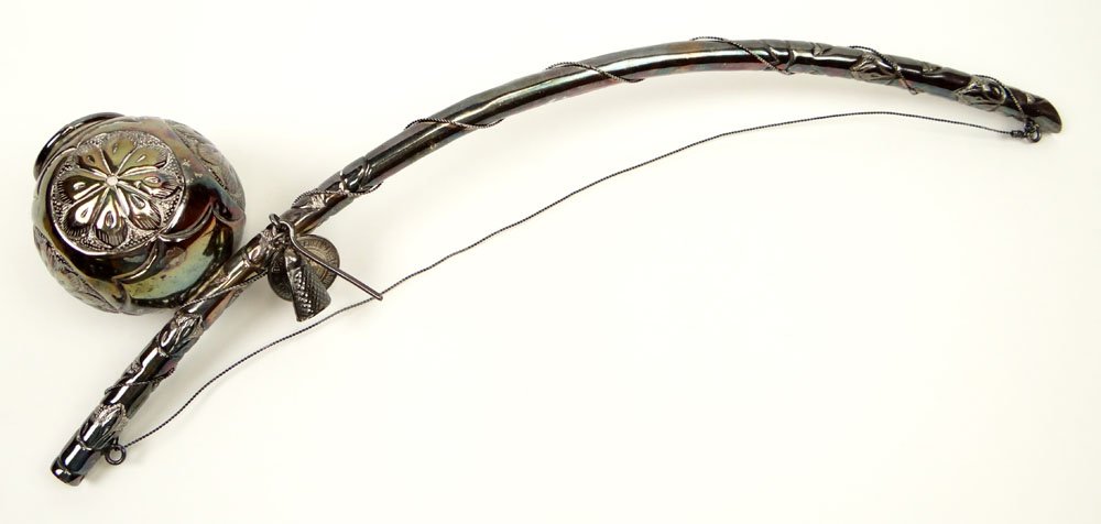 20th Century Brazilian Berinbau Silver Plate Stringed: 20th Century Brazilian Berinbau Silver Plate Stringed Percussion Instrument. Possibly Dating to 1920 because there is a coin attached (or a reproduction coin) that dates 1920. Signed on One (1) End 06
