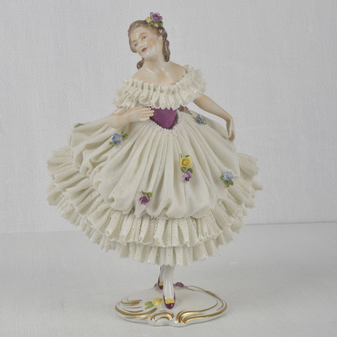 German Rudolstadt Volkstedt Figures: German Rudolstadt Volkstedt Lace Porcelain Dancer Sculpture. Properly marked to the underside. Measures: 9-1/4" high, 7-1/2" wide, 4" deep. Kodner Galleries offers phone and absentee bidding at a low,