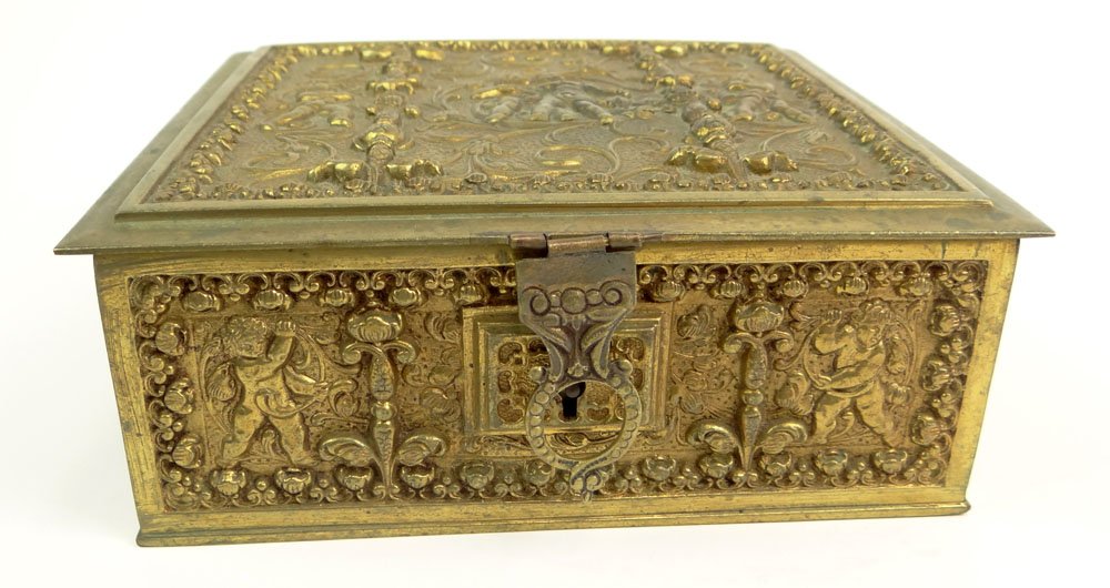 Vintage Heavy Continental Baroque style Repoussé Bronze: Vintage Heavy Continental Baroque style Repoussé Bronze Velvet Lined Box. Unsigned. Surface Wear from Normal Use Otherwise Good Condition. Measures 3 Inches Tall and 8 Inches Square. Shipping $48.00