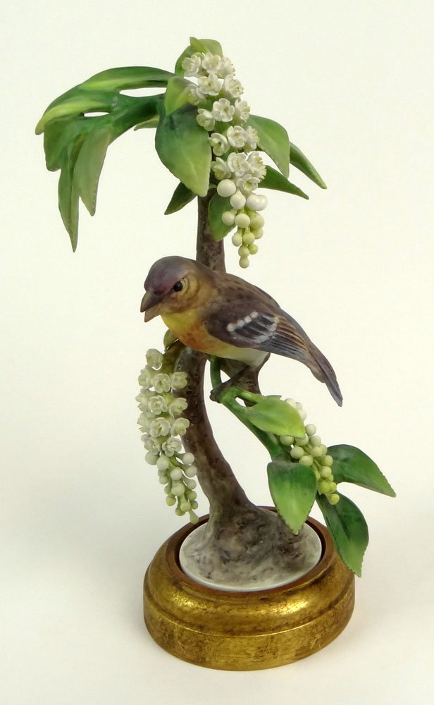 Dorothy Doughty Royal Worcester Figure "Lazuli Bunting: Dorothy Doughty Royal Worcester Figure "Lazuli Bunting Passerina Amoena with Choke Cherry". Circa 1962. Signed Royal Worcester, Made in England (logo) Modeled by F. G. Doughty, Lazuli Bunting Passerin