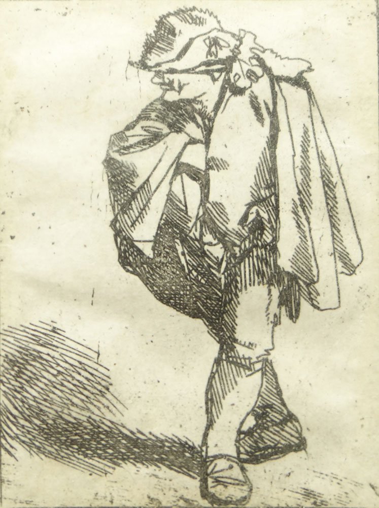 Cornelis Pietersz Bega Dutch (born circa1631-1664): Cornelis Pietersz Bega Dutch (born circa1631-1664) Etching "Man with His Hand in His Coat" Unsigned. Good to Very Good Condition. Measures 2-1/4 Inches by 1-3/4 Inches, Frame Measures 13-5/8 Inches by