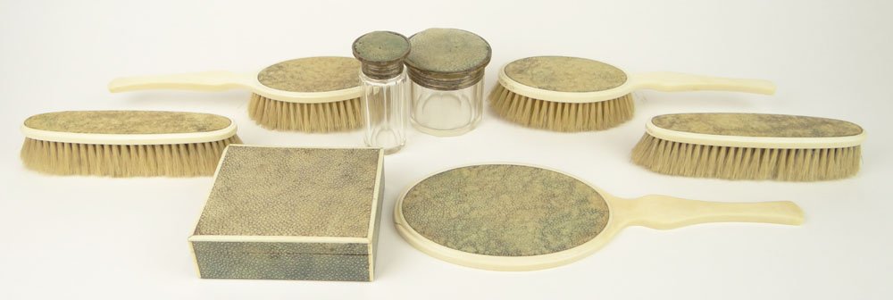 Circa 1915 London England Ivory, Shagreen and Sterling: Circa 1915 London England Ivory, Shagreen and Sterling Silver Mounted Eight (8) Piece Dresser Set Including: Two (2) Hair Brushes; Two (2) Clothes Brushes; One (1) Mirror; One (1) Box; Two (2) Cut Gla