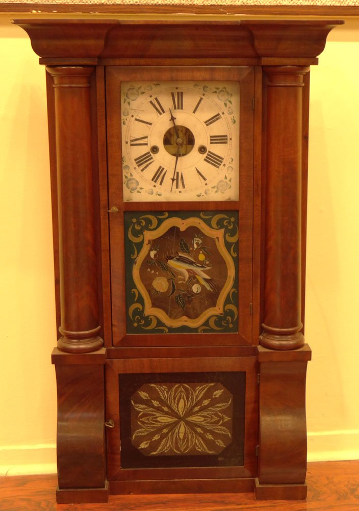 Mid 19th Century Mohagany Case Forrestville Double: Mid 19th Century Mohagany Case Forrestville Double Decker Shelf Clock. Applied Half Columns, Original Painted Tablets. Label Inside Case Reads: Forestville Mfg. Co., Bristol, CT Time-and-Strike 30-Hou