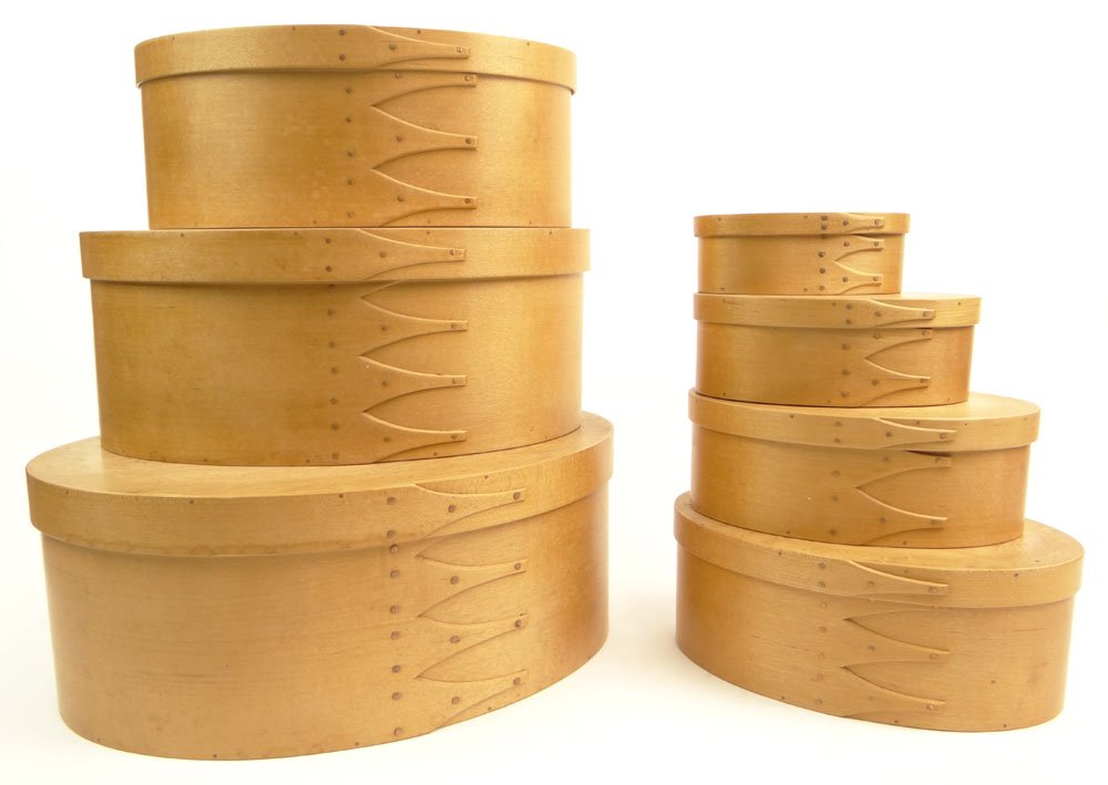 Set of Seven (7) Contemporary Shaker Style Birdseye: Set of Seven (7) Contemporary Shaker Style Birdseye Maple Graduated Oval Boxes. Signed Bruce Pyle. Largest Box has Oval Fading Mark to Top Otherwise in Very Good Condition. Smallest Box Measures 1-3/4