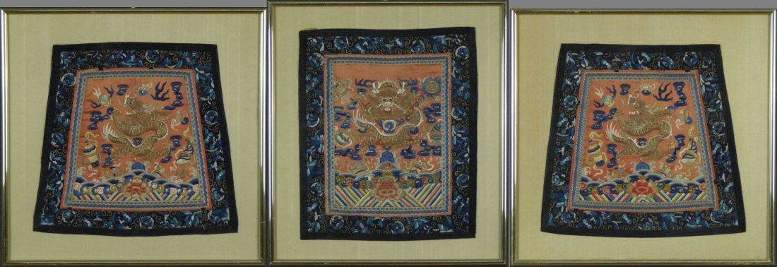 Three (3) Chinese Silk Embroided Panels with Metal: Three (3) Chinese Silk Embroided Panels with Metal Threads now Framed. Unsigned. Measurements of the Two (2) Odd Shaped Panels 15-1/2 Inches Tall and the Bottom Measures 16-1/2 Inches Wide. Largest Fr