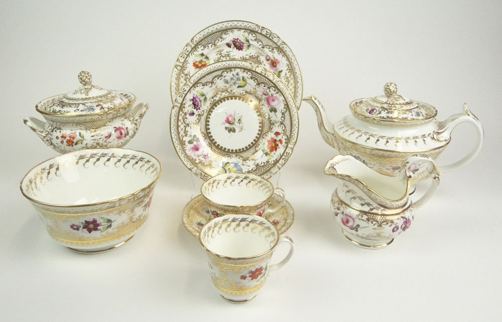 19th Century Thirty Nine (37) Piece Royal Worcester: 19th Century Thirty Nine (37) Piece Royal Worcester England Porcelain Tea Service. Circa 1820. Service Includes: Tea Pot 6-3/4 Inches Tall and 10-3/4 Inches Long, Covered Sugar Bowl 5-5/8 Inches Tall 