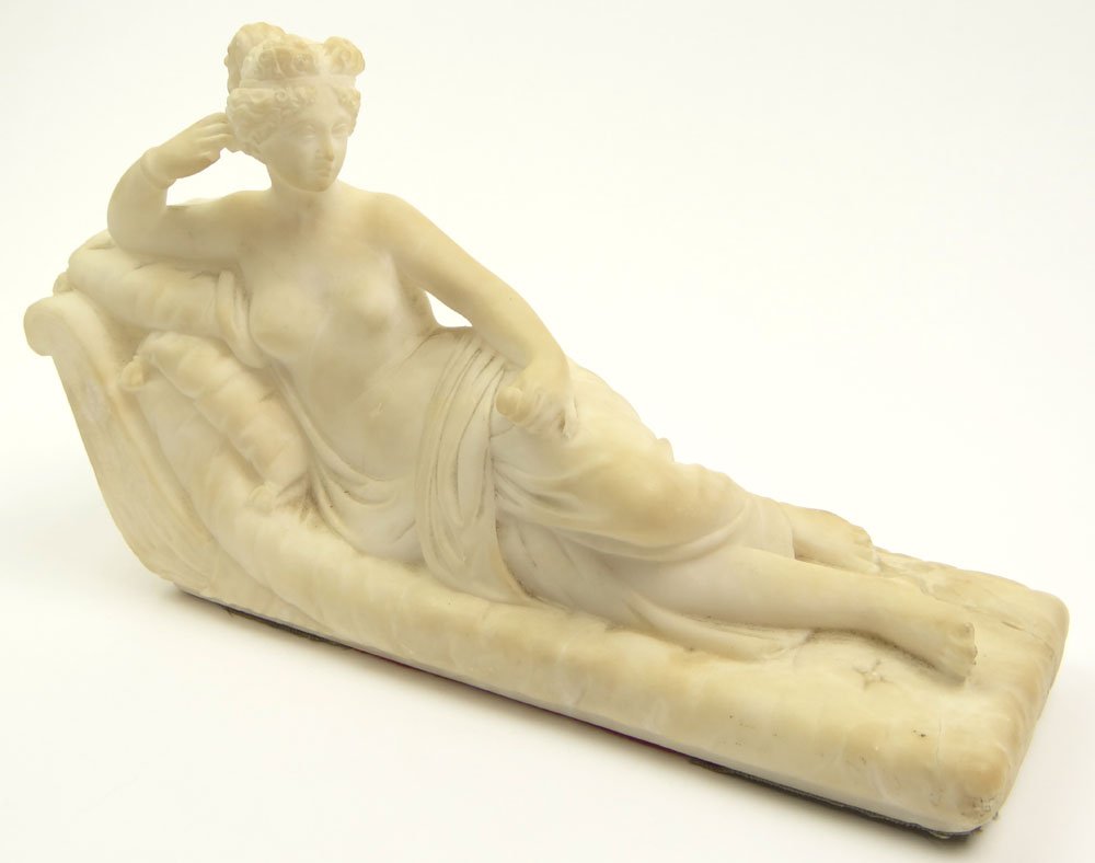 20th Century Carved Alabaster Figure "Aphrodite: 20th Century Carved Alabaster Figure "Aphrodite Reclining on a Chaise". Unsigned. Repair to One Corner, Loss to Right Hand Finger, Otherwise Good Condition. Measures 7 Inches Tall and 11-3/4 Inches Lo