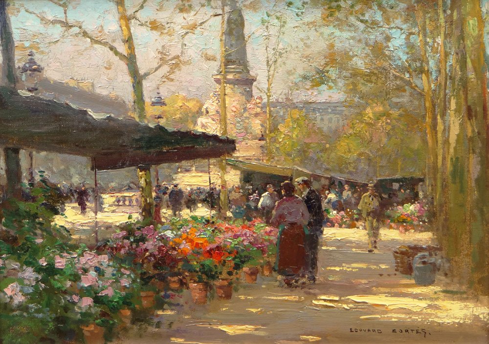 Edouard Léon Cortès, French (1882-1969) Oil on Canvas: Edouard Léon Cortès, French (1882-1969) Oil on Canvas "Marche aux Fleurs a La Republique". Signed Lower Right. Very Good Condition. Measures 13 Inches Tall and 18 Inches Wide, Frame Measures 20-1/4 