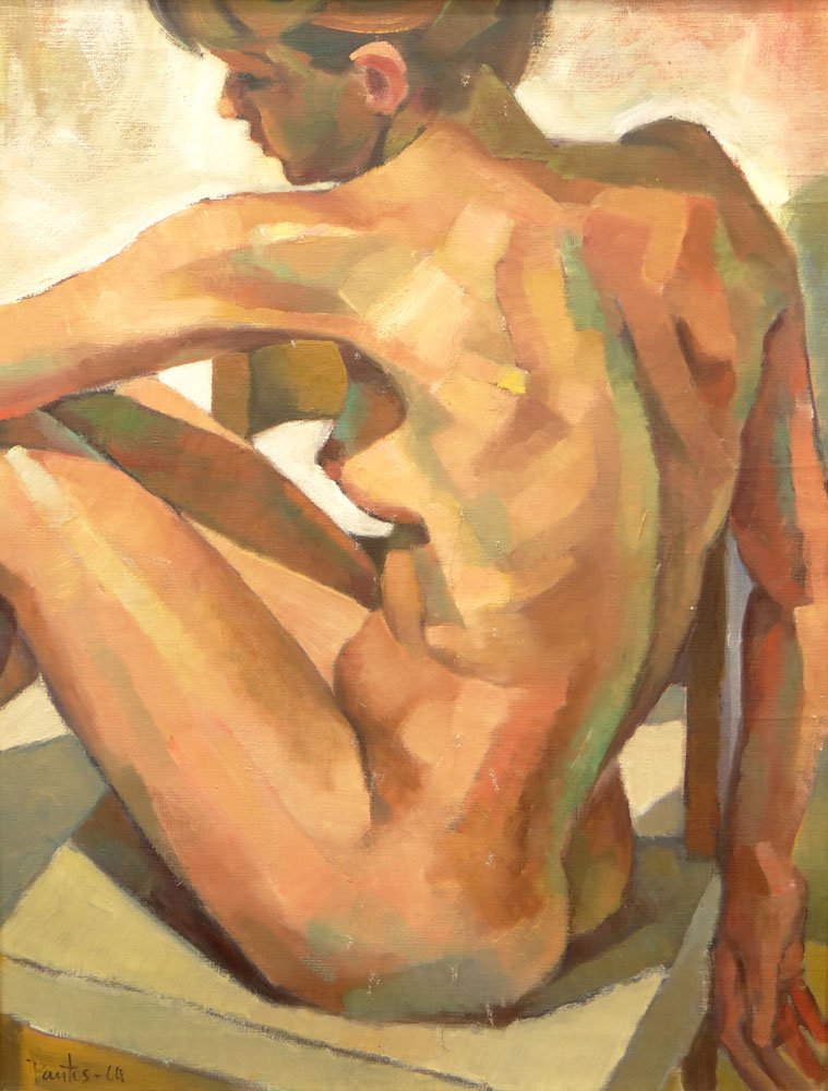 Circa 1964 Oil on Canvas "Seated Nude". Signed: Circa 1964 Oil on Canvas "Seated Nude". Signed Pantos-64 Lower Left. Craquelure Otherwise Good Condition. Measures 26-1/4 Inches Tall and 20-1/4 Inches Wide, Frame Measures 31-1/2 Inches Tall and 25-1