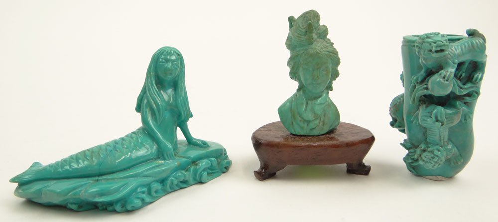 Three 20th Century Chinese Miniature Turquoise Carvings: Three 20th Century Chinese Miniature Turquoise Carvings Including: a Mermaid; a Bust of a Woman on a Wood Base and a Vase with Relief Buddhist Lions. Unsigned. Good Condition. Mermaid Measures 2 Inche