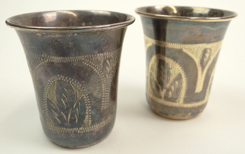 Two (2) Circa 1915 Chester, England Sterling Silver: Two (2) Circa 1915 Chester, England Sterling Silver Cups. Hallmark and Date Mark, Unidentified Maker's Mark J.Z. Dents and Surface Wear. Measure 2-1/4 Inches Tall and 2-1/8 Inches Wide at Rim. Weight: