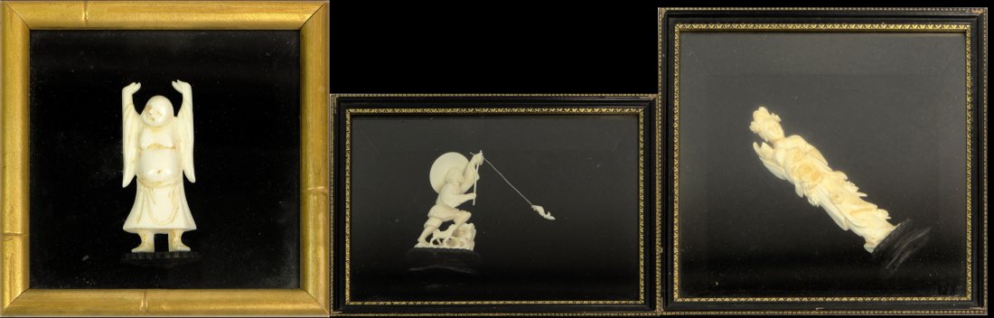 Three (3) Vintage Japanese Carved Ivory Figures each in: Three (3) Vintage Japanese Carved Ivory Figures each in a Shadow Box Including a Hotei, a Fisherman and a Lady with a Basket. No Visible Signature. Largest Frame Measures 8-1/4 Inches by 8-1/4 Inches.
