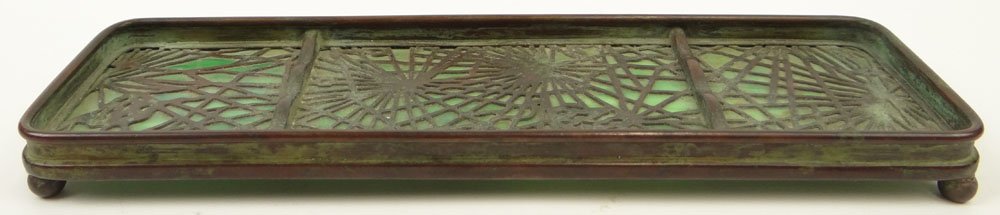Early 20th Century Tiffany Studios New York Bronze and: Early 20th Century Tiffany Studios New York Bronze and Glass Pen Tray in the Pine Needle Pattern. Signed and Numbered 1004. Minor Surface Wear from Normal Use Otherwise Good Condition or Better. Measu