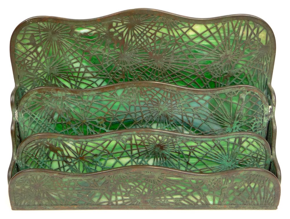 Early 20th Century Tiffany Studios New York Large: Early 20th Century Tiffany Studios New York Large Bronze and Glass Letter Holder in the "Pine Needle" Pattern. Signed. Surface Rubbing Consistent with Age and Normal Use Otherwise Good Condition. Meas