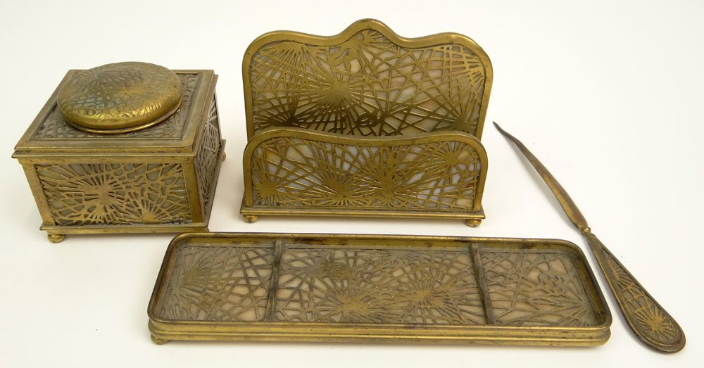Early 20th Century Tiffany Studios New York Four (4): Early 20th Century Tiffany Studios New York Four (4) Piece "Pine Needle" Pattern Bronze and Glass Desk Set. Marked Tiffany Studios New York. Includes: Inkwell with Original Glass Insert # 844, Letter 