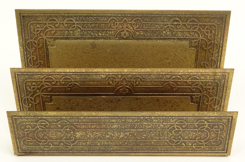 Early 20th Century Tiffany Studios New York Bronze: Early 20th Century Tiffany Studios New York Bronze Letter Holder. Marked Tiffany Studios New York. #1878. Unknown Pattern. Good to Very Good Condition. Measures 5-1/2 Inches Tall by 9-1/4 Inches Long 