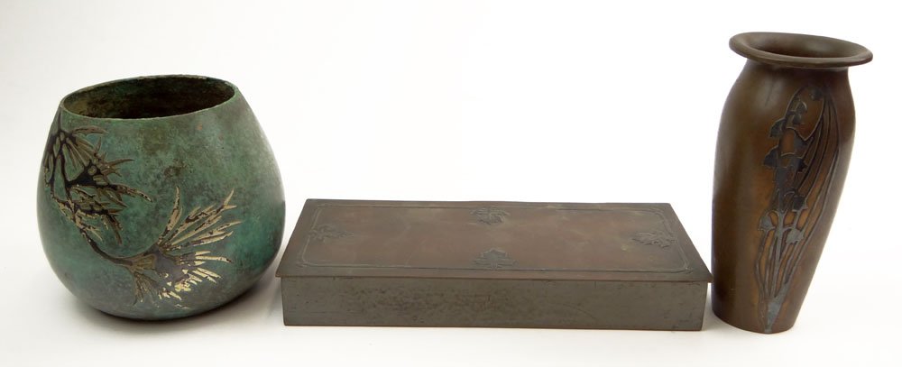 Three (3) Circa 1920 Silver Crest Sterling Silver: Three (3) Circa 1920 Silver Crest Sterling Silver Decorated Arts & Crafts Bronze Items. Each Signed Silvercrest. 2 Vases and 1 Desk Box. Vases are #1019 and #1015. One Vase Measures 5-1/2 Inches Tall