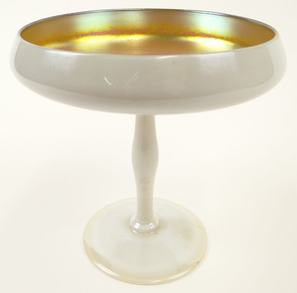 Circa 1920 Steuben Calcite and Gold Aurene Interior: Circa 1920 Steuben Calcite and Gold Aurene Interior Compote. Unsigned. Very Good Condition. Measures 6 Inches Tall and 6-1/8 Inches Wide. Shipping $38.00