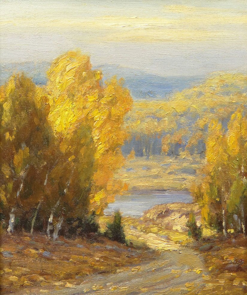 Gustave Adolph Wiegand (German-American Painter: Gustave Adolph Wiegand (German-American Painter 1870-1957). Oil on Board "Golden Autumn N.H." Signed Lower Right and Signed again and Titled "Golden Autumn N.H." en Verso. Very Good Condition. Measure