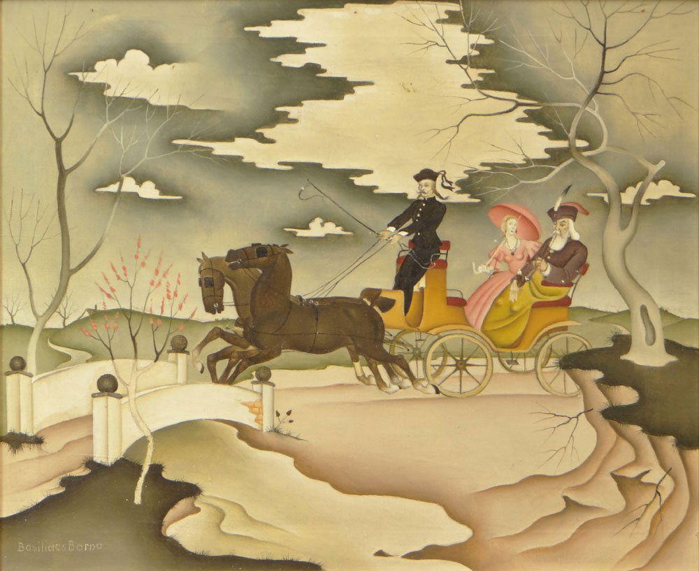 Barna Basilides, Hungarian (1903-1967) Oil on Canvas: Barna Basilides, Hungarian (1903-1967) Oil on Canvas "Carriage Ride". Signed Lower Left. Good Condition. Measures 20 Inches Tall and 24 Inches Wide, Frame Measures 27-3/4 Inches Tall and 31-3/4 Inches