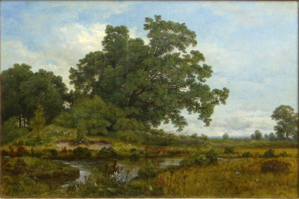 David Johnson American (1827-1908) Oil on Canvas.: David Johnson American (1827-1908) Oil on Canvas. "Landscape" Signed with Monogram Lower Left. Mylar Conservation Relining to the Canvas en Verso. Good to Very Good Condition. Measures 17-1/4 Inches T