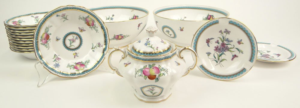 Ninety Eight (98) Piece Spode Porcelain Dinner Service: Ninety Eight (98) Piece Spode Porcelain Dinner Service in the "Trapnell Center Medallion" Pattern Number Y6836-F. Underglaze Rust and Black Back Stamp Signed Spode, Fine Bone China, England, Y6836-F a