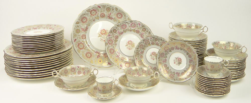 One Hundred Eight (108) Piece English Royal Cauldon: One Hundred Eight (108) Piece English Royal Cauldon Bone China Dinner Service in the "Romney" Pattern Including: Twelve (12 Dinner Plates; Twelve (12) Salad Plates; Twelve (12) Brad Plates; Twelve (12