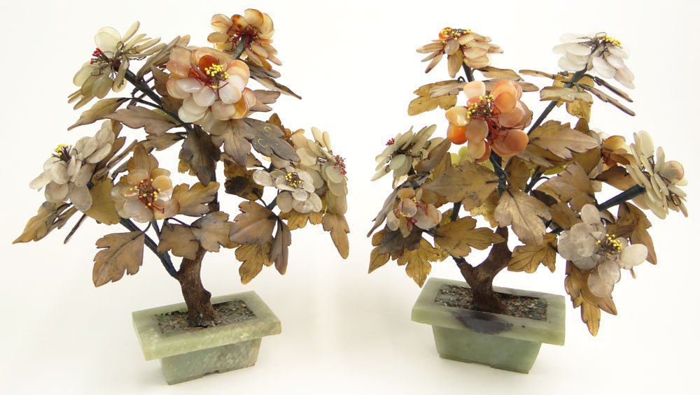 Associated Pair of 20th Century Chinese Carved Hard: Associated Pair of 20th Century Chinese Carved Hard Stone and Jade Trees with Planters. Comprising of Jade, Carnelian, Rose Quartz and Soapstone Flowers and Leafs. Unsigned. Very Good Condition. Each 