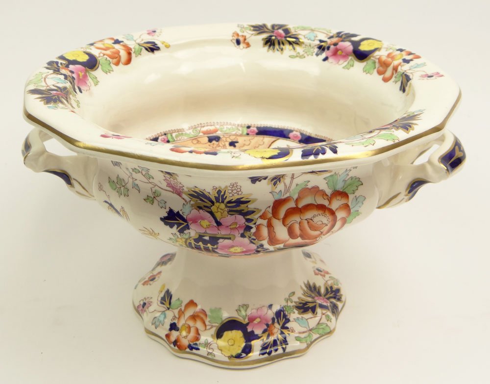 Large 19th Century Mason's Patent Ironstone China: Large 19th Century Mason's Patent Ironstone China England Handled Compote in the Mandarin Pattern. Signed. Good to Very Good Condition. Measures 6 Inches Tall and 10 Inches Wide. Shipping $48.00