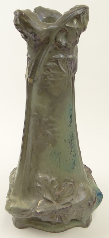 Large Circa 1900 Art Nouveau Glazed Earthenware Vase.: Large Circa 1900 Art Nouveau Glazed Earthenware Vase. Molded in Very High Relief in Colors of Blue and Green. Illegibly Signed on Bottom. Some Chips and Flakes at the Base, Some White Paint Drops, Spi