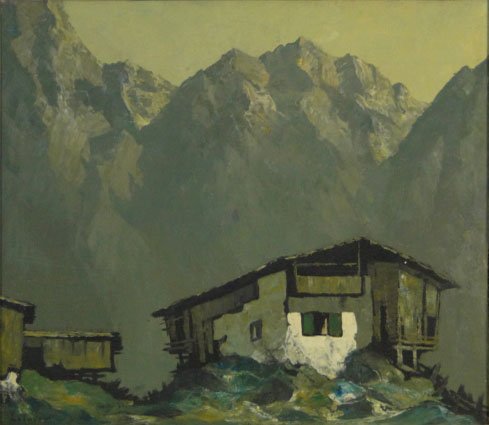 Early 20th Century Continental School Oil on Masonite: Early 20th Century Continental School Oil on Masonite Signed Ralmon or Kalmon Lower Left "Swiss Alps" Good to Very Good Condition. Measures 27-1/2 Inches by 32 Inches, Frame Measures 33-3/4 Inches by 