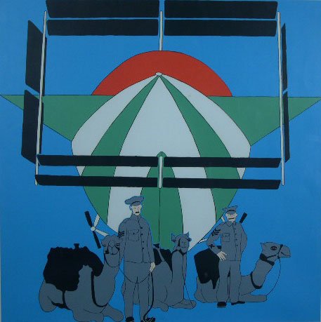 John Wesley American-New York (born1928- ) Limited: John Wesley American-New York (born1928- ) Limited Edition Color Silkscreen "Anglo-Egyptian Camel Corps with a French Dirigible" Published by Michael Steinberg. Circa 1970. Pencil Signed John Wesley L