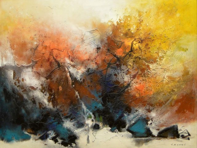 C. K. Chien Taiwanese (worked 20th Century) Abstract: C. K. Chien Taiwanese (worked 20th Century) Abstract Oil on Canvas. Signed Lower Right. Good to Very Good Condition. Measures 35-1/8 Inches Tall and 45-3/4 Inches Wide, Frame Measures 40-3/4 Inches Ta