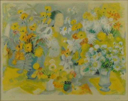 Le Pho French (1907-2001) Color Lithograph "Woman With: Le Pho French (1907-2001) Color Lithograph "Woman With Flowers" Signed Lower Right Le Pho and Numbered 71/120 in Pencil. Fading, Toning From Age or Good Condition. Measures 19 Inches by 24-1/4 Inches
