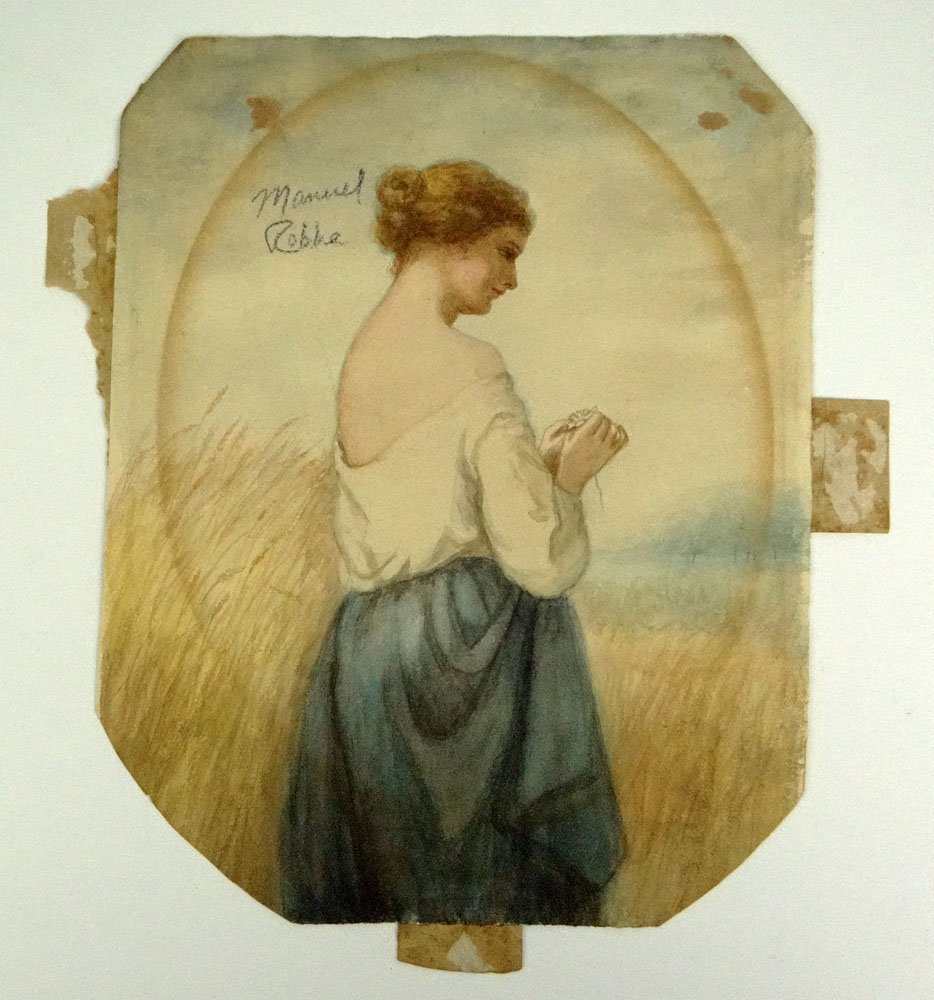 Manuel Robbe French (1872-1936) Watercolor "Girl: Manuel Robbe French (1872-1936) Watercolor "Girl Holding Flower" Signed. Apparently Deframed. Oval Ring Mark. "AS IS" Condition. Please Examine This Lot Carefully Before Bidding, We are Selling it in 