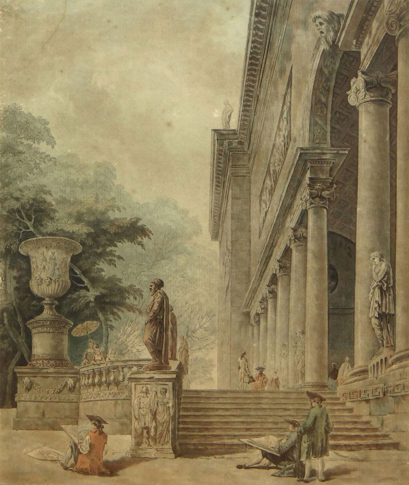 Jean François Janinet French (1752-1814) Color Stipple: Jean François Janinet French (1752-1814) Color Stipple Engraving "Colonade et Jardins du Palais Médicis" (after: Hubert Robert) Signed and Full Description within Plate. Dampstains Across Lower Part