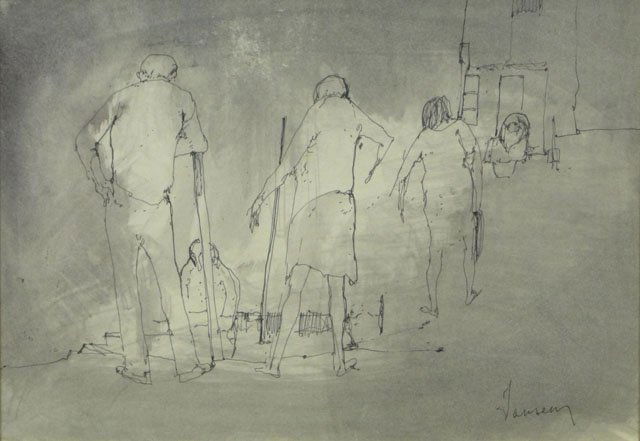 Jean Jansem French (born1920- ) Pen and Ink Wash on: Jean Jansem French (born1920- ) Pen and Ink Wash on Paper "Untitled" Signed Lower Right in Pen. Very Good Condition. Measures 8 Inches by 11-1/2 Inches (sight) Frame Measures 14-/4 Inches by 18-1/4 In