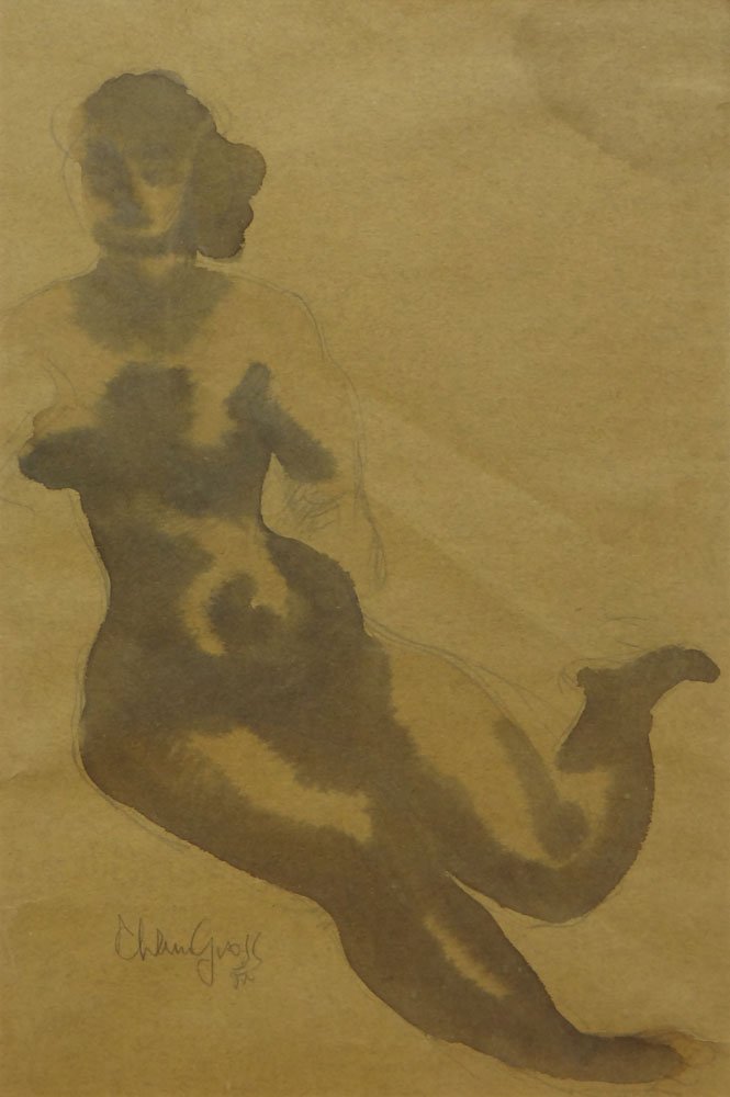 Chaim Gross American-New York-Massachusetts (1904-1991): Chaim Gross American-New York-Massachusetts (1904-1991) Pencil and Watercolor Wash on Paper "Mermaid" Signed in Pencil Chaim Gross Lower Left and Dated 25. Dampstain Upper Right or else Good Condition
