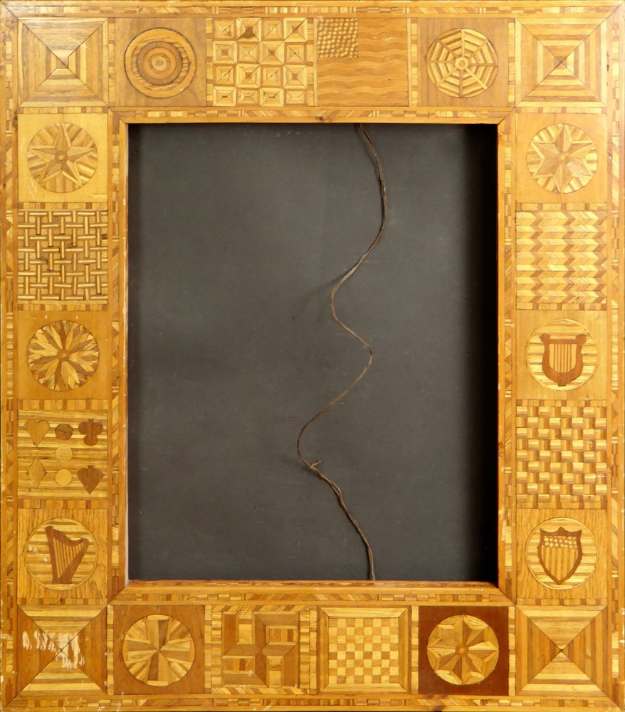 Circa 1900 American Folk Art Marquetry Inlaid Picture: Circa 1900 American Folk Art Marquetry Inlaid Picture Frame with Flags, Shields, Hexagrams, Harps, Checkerboard and More. Unsigned. Good to Very Good Condition. Measures 31 Inches Tall and 27 Inches w