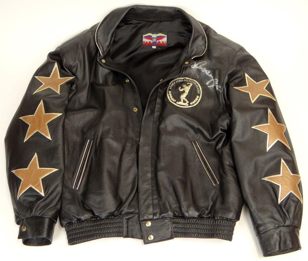 Autographed 1995 Arnold Schwarzenegger Classic Leather: Autographed 1995 Arnold Schwarzenegger Classic Leather Jacket Size XXL. Patch Inside Jacket Reads: Premier Edition by J. H. Design Handmade in the USA and Signed. Very Good Condition. This Jacket was 