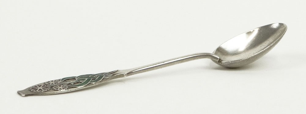 19th Century Fabergé Russian Sterling Silver and Enamel: 19th Century Fabergé Russian Sterling Silver and Enamel Spoon. Signed Fabergé in Cyrillic Characters Together with Logo and 88 Zolotnik Standard. Losses to Enamel and Scratching from Use or else Goo