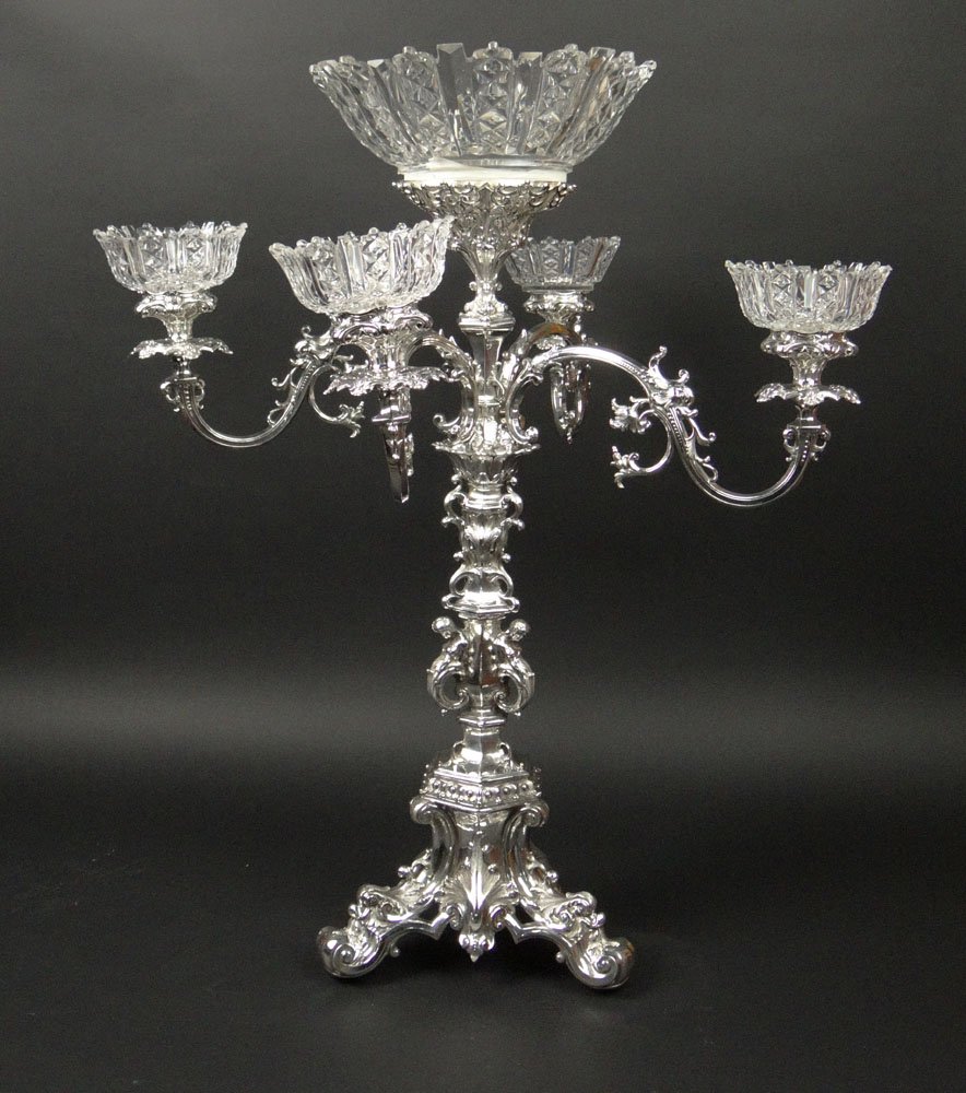 Large and Heavy Victorian Padley, Parkin & Staniforth: Large and Heavy Victorian Padley, Parkin & Staniforth Sheffied, England (1855-1875) Silver Plate and Cut Crystal Four (4) Arm Epergne. Signed. Large and Deep Crack to Base of Top Crystal Bowl, Chips t
