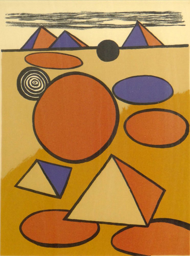 Alexander Calder, American (1898-1976) Color lithograph: Alexander Calder, American (1898-1976) Color lithograph "Homage to the Pyramid'' Pencil Signed Lower Right. Marked E.A. Lower Left. Very Good Condition. Measures 12-1/4 Inches Tall by 9-1/2 Inches Wid