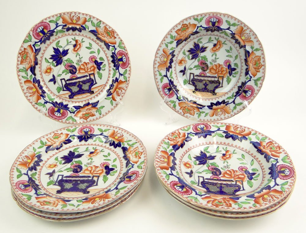 Eight (8) Pieces 19th Century English Mason's Painted: Eight (8) Pieces 19th Century English Mason's Painted and Gilt Ironstone China Including: Four (4) Dinner Plates and Four (4) Soup Plates. Signed "Stone China No.6". Chip to One Soup Plate, Rubbing Ot