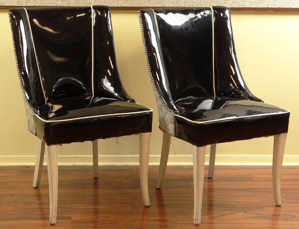 Pair of Mid 20th Century Hollywood Regency Slipper: Pair of Mid 20th Century Hollywood Regency Slipper Chairs with Faux Snakeskin and Patent Vinyl Upholstery and Nailhead Trim. Unsigned. Rubbing to Wood Legs Otherwise Good Condition. Measure 36 Inches 