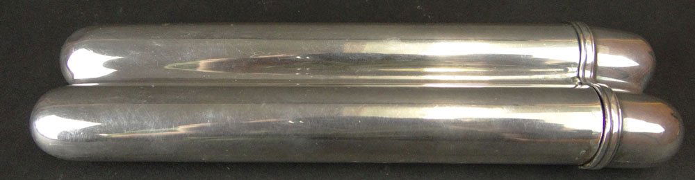 20th Century American Sterling Silver Cigar Holder.: 20th Century American Sterling Silver Cigar Holder. Signed S925 and Makers Mark JF. Dent to Lid and Bottom or else Good to Very Good Condition. Measures 7 Inches Tall and 1-7/8 Inches Wide. Weighs 4.3