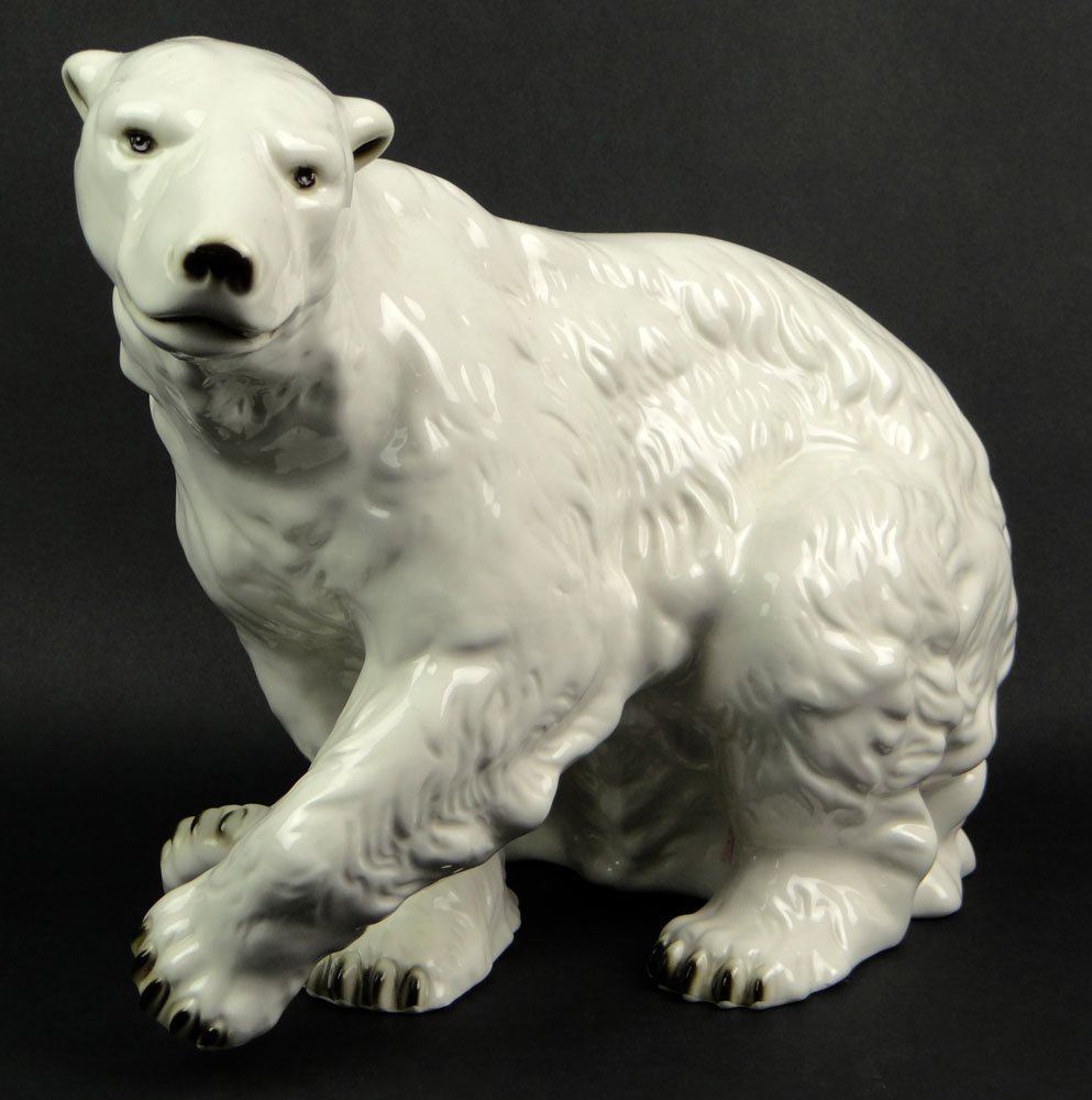 Large Royal Dux Czechoslovakia Porcelain Polar Bear.: Large Royal Dux Czechoslovakia Porcelain Polar Bear. Signed with Pink Royal Dux Triangle on Rear Leg and Green Mark on Base. Very Good Condition. Measures.10-1/2 Inches Tall and 14 Inches Long. Shippi
